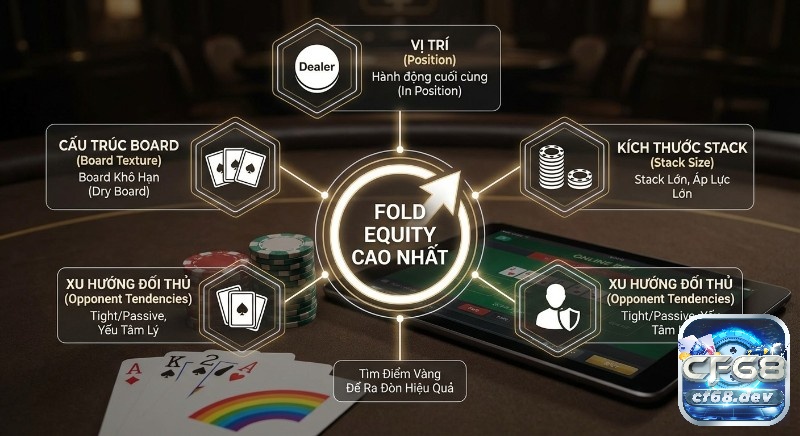Fold Equity là gì? Khái niệm & cách tính hiệu quả trong Poker Sơ đồ các yếu tố ảnh hưởng Fold Equity cao nhất, gồm vị trí, kích thước stack, xu hướng đối thủ và cấu trúc board, giúp nhận diện điểm vàng ra đòn hiệu quả