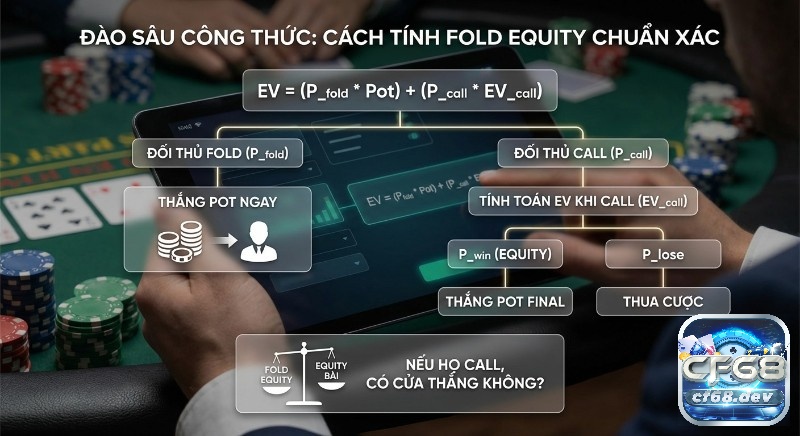 Fold Equity là gì? Khái niệm & cách tính hiệu quả trong Poker Lưu đồ công thức EV chi tiết để xác định Fold Equity, phân tích khả năng đối thủ fold hoặc call, từ đó đánh giá cơ hội thắng thực tế.