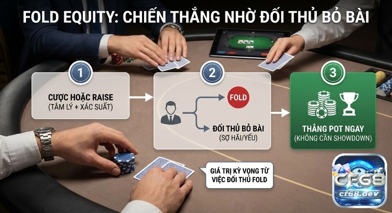 Fold Equity là gì? Khái niệm & cách tính hiệu quả trong Poker Sơ đồ quy trình 3 bước áp dụng Fold Equity là gì trong Poker giúp thắng pot bằng cách cược/raise khiến đối thủ fold không cần showdown