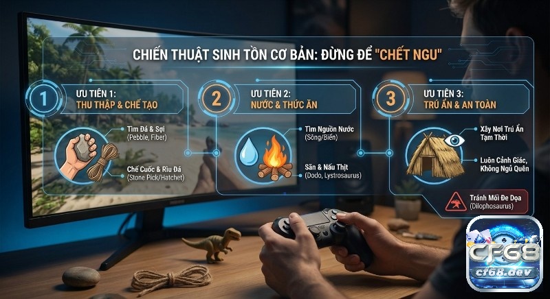 Game ARK: Survival Evolved - Trải nghiệm sinh tồn cực đã Hướng dẫn 3 ưu tiên, chiến thuật sinh tồn cơ bản: thu thập tài nguyên, tìm nước/thức ăn và xây trú ẩn an toàn