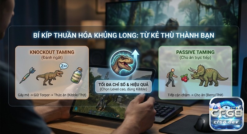 Game ARK: Survival Evolved - Trải nghiệm sinh tồn cực đã Tổng quan bí kíp thuần hóa khủng long: Knockout Taming và Passive Taming, giúp tối đa chỉ số & hiệu quả với Kibble