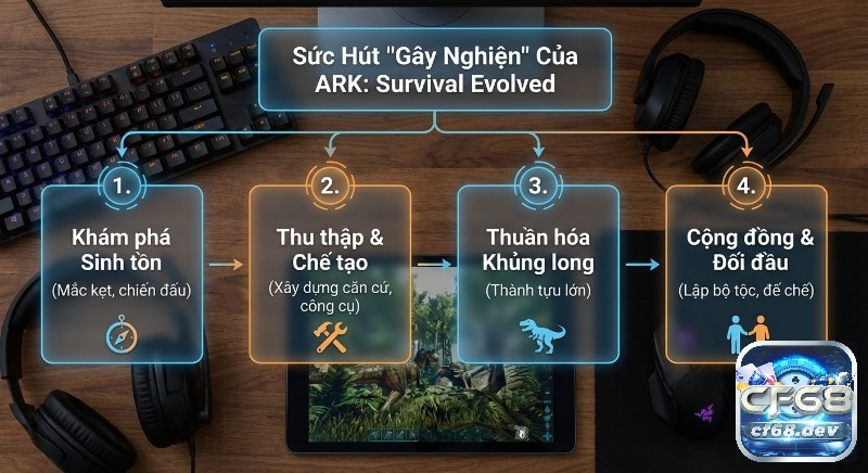Game ARK: Survival Evolved - Trải nghiệm sinh tồn cực đã Vòng lặp gameplay chính tạo nên sức hút gây nghiện của game ARK: Survival Evolved qua 4 giai đoạn: khám phá, chế tạo, thuần hóa và cộng đồng