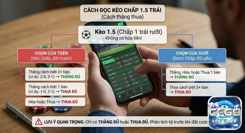 Kèo 1.5 là gì? Ý nghĩa, cách chơi hiệu quả và mẹo thắng lớn Sơ đồ hướng dẫn đọc kèo chấp 1.5 trái, làm rõ các trường hợp thắng đủ hoặc thua đủ khi cược đội mạnh và đội yếu