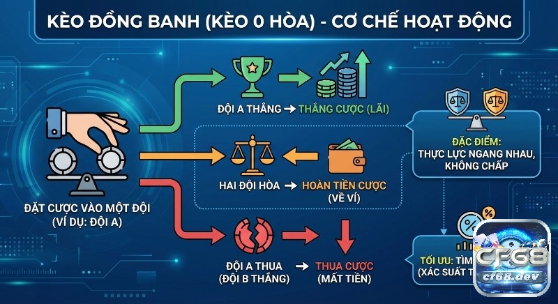 Kèo đồng banh là gì? Cách đọc và bắt kèo chuẩn xác nhất 2026 Cơ chế hoạt động kèo đồng banh là gì (kèo 0 hòa) chi tiết ba kịch bản: thắng cược, thua cược, hoàn tiền, cùng đặc điểm và chiến lược tìm value bet