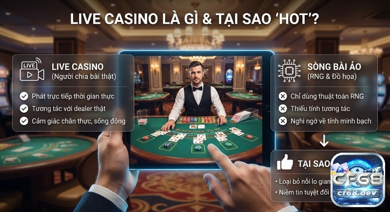 Live Casino là gì? Giải đáp A-Z chi tiết nhất cho người mới Bảng so sánh Live Casino là gì, và sòng bài ảo, giải thích lý do Live Casino 'hot' nhờ tương tác thật, minh bạch