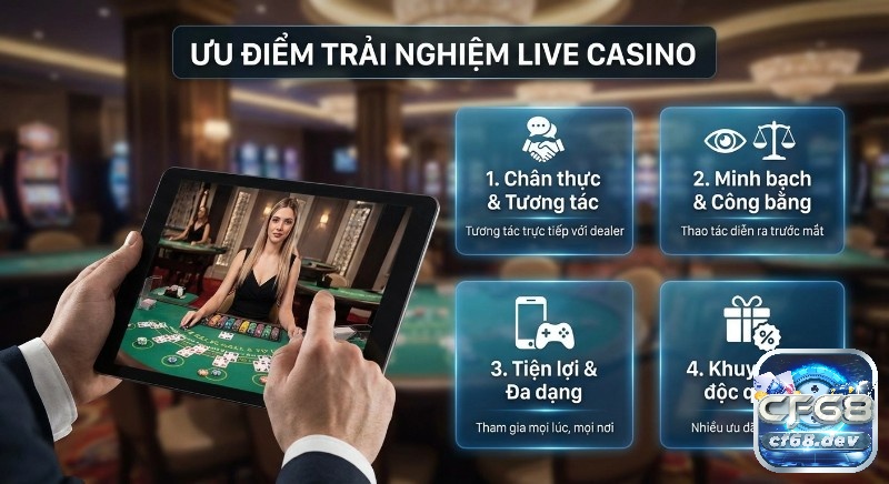Live Casino là gì? Giải đáp A-Z chi tiết nhất cho người mới Tổng hợp 4 ưu điểm vượt trội của trải nghiệm Live Casino, bao gồm tương tác chân thực, minh bạch, tiện lợi và khuyến mãi độc quyền