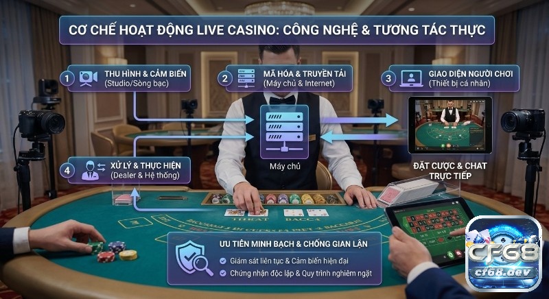 Live Casino là gì? Giải đáp A-Z chi tiết nhất cho người mới Quy trình vận hành Live Casino công nghệ cao: từ thu hình dealer người thật đến giao diện người chơi tương tác, ưu tiên minh bạch chống gian lận