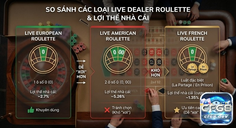 Live Dealer Roulette là gì? Hướng dẫn chơi dễ thắng lớn Bảng so sánh các loại, Live Dealer Roulette là gì, giúp người chơi dễ dàng chọn bản có lợi thế nhà cái thấp nhất để dễ xơi, từ 1.35% đến 5.26%