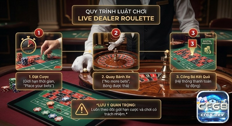 Live Dealer Roulette là gì? Hướng dẫn chơi dễ thắng lớn Quy trình 3 bước chơi Live Dealer Roulette: đặt cược, quay bánh, công bố kết quả, hướng dẫn chơi có trách nhiệm tránh mất tiền oan