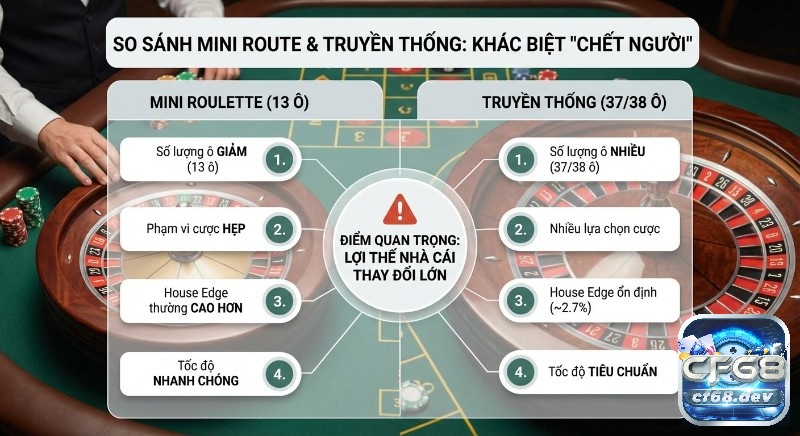 Mini Roulette là gì? Hướng dẫn chơi và mẹo thắng cực dễ Bảng so sánh khác biệt "chết người" của Mini Roulette là gì (13 ô) với Roulette truyền thống (37/38 ô) về House Edge và tốc độ chơi