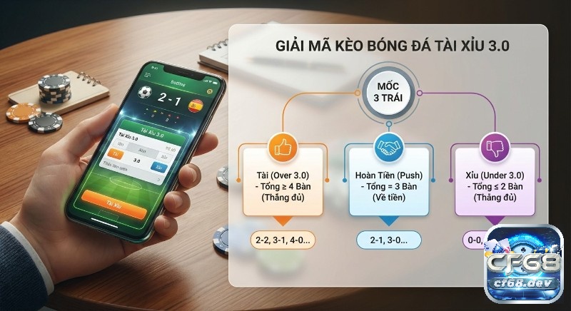 Tài xỉu 3.0 là gì? Bí quyết thắng kèo bóng đá 3 trái 2026 Sơ đồ giải mã kèo bóng đá Tài Xỉu 3.0 là gì, minh họa rõ ràng các tình huống tổng bàn thắng để thắng, thua hoặc hoàn tiền