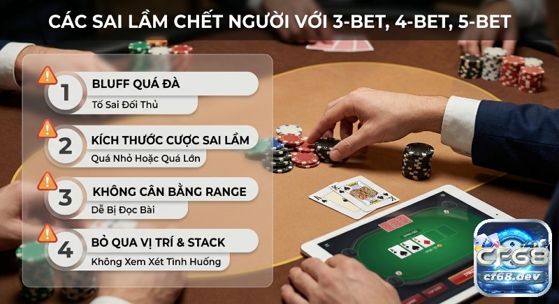 3-bet 4-bet 5-bet là gì? Giải mã chiến thuật Poker chuẩn xác Checklist 4 sai lầm chết người khi 3-bet 4-bet 5-bet là gì trong poker: bluff quá đà, kích thước cược, range và vị trí