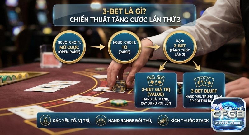 3-bet 4-bet 5-bet là gì? Giải mã chiến thuật Poker chuẩn xác Sơ đồ chiến thuật 3-bet giải thích hành động tăng cược lần 3, các loại 3-bet giá trị, bluff cùng yếu tố vị trí, hand range, stack