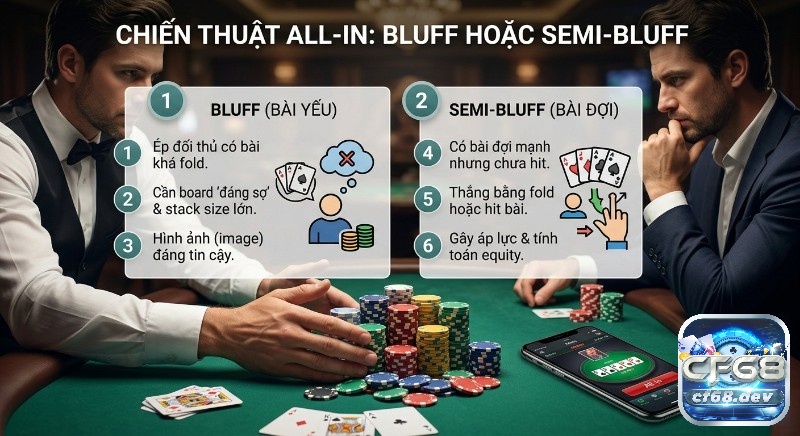 All in Poker là gì? Giải thích chi tiết luật, chiến thuật hiệu quả Chiến lược All-in: Phân tích Bluff bài yếu và Semi-bluff bài đợi, chỉ rõ thời điểm và các yếu tố cần cân nhắc