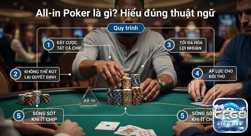 All in Poker là gì? Giải thích chi tiết luật, chiến thuật hiệu quả Quy trình All in Poker là gì minh họa 5 khía cạnh then chốt: đặt cược tất cả, không rút lại, tối đa lợi nhuận, gây áp lực, sống sót