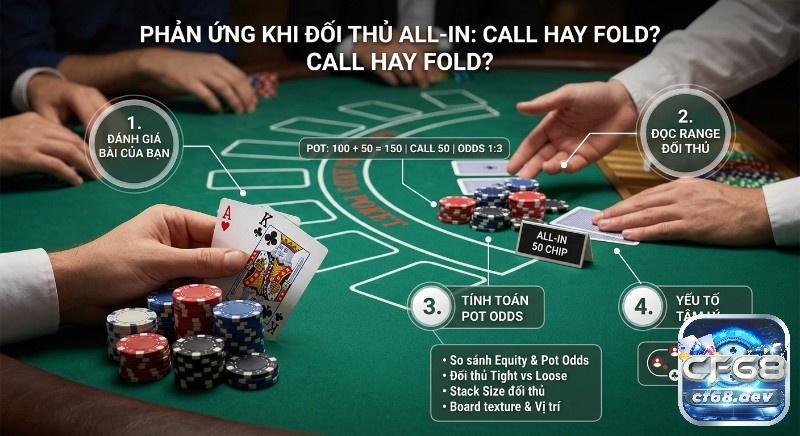 All in Poker là gì? Giải thích chi tiết luật, chiến thuật hiệu quả Checklist 4 bước ra quyết định Call hay Fold khi đối thủ All-in trong Poker: đánh giá bài, đọc range, tính Pot Odds và tâm lý