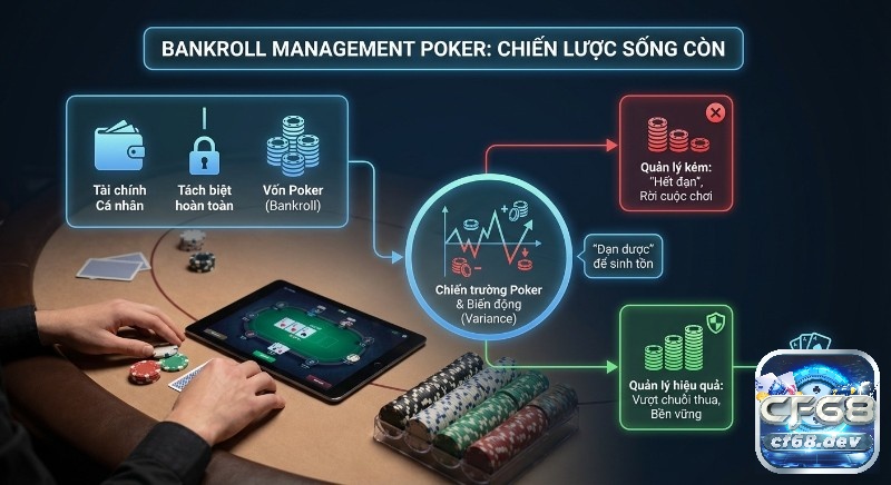 Bankroll Management Poker: Chiến lược quản lý vốn hiệu quả Sơ đồ minh họa chiến lược, bankroll management poker giúp tách biệt vốn, đối phó biến động để chơi bền vững, phát huy kỹ năng và tránh hết tiền sớm