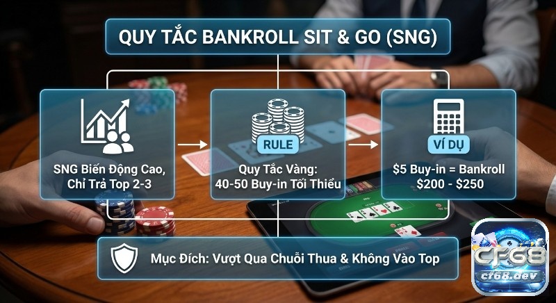 Bankroll Management Poker: Chiến lược quản lý vốn hiệu quả Sơ đồ quy tắc bankroll management poker Sit & Go (SNG) khuyến nghị có 40-50 buy-in tối thiểu giúp người chơi vượt qua chuỗi thua