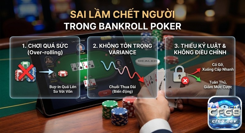 Bankroll Management Poker: Chiến lược quản lý vốn hiệu quả Tổng quan 3 sai lầm chết người, khi quản lý bankroll management poker: chơi quá sức, bỏ qua variance và thiếu kỷ luật giúp tránh mất vốn nhanh
