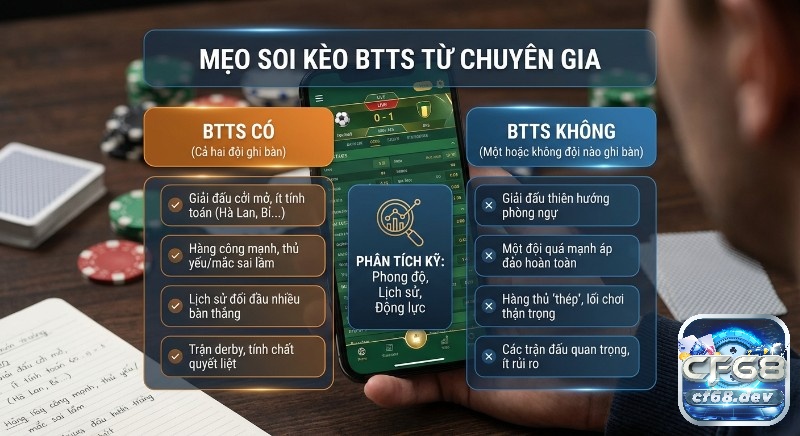 Cả hai đội ghi bàn (BTTS) là gì? Hướng dẫn chơi hiệu quả Mẹo soi kèo BTTS từ chuyên gia, hướng dẫn các trường hợp chọn BTTS Có hoặc Không, dựa trên phong độ, lịch sử