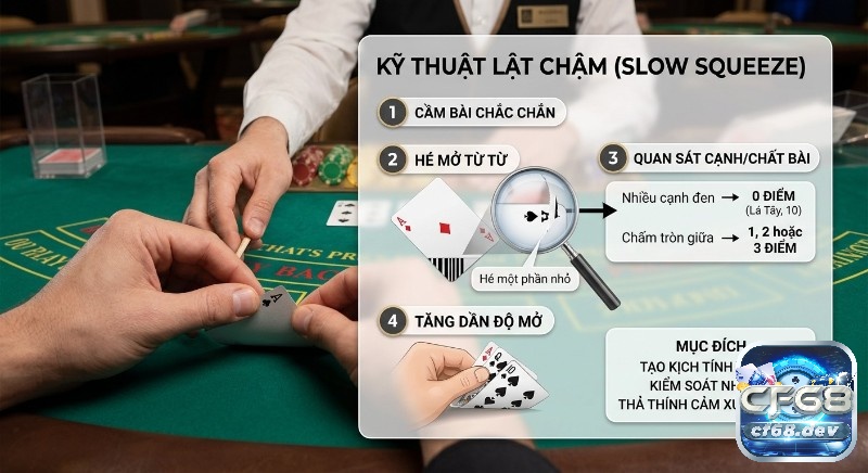 Cách lật bài trong Midi Baccarat chuẩn nhất- Tăng tỷ lệ thắng Hướng dẫn 4 bước kỹ thuật lật chậm Slow Squeeze trong Baccarat, chi tiết cách hé bài và quan sát nhằm tạo kịch tính