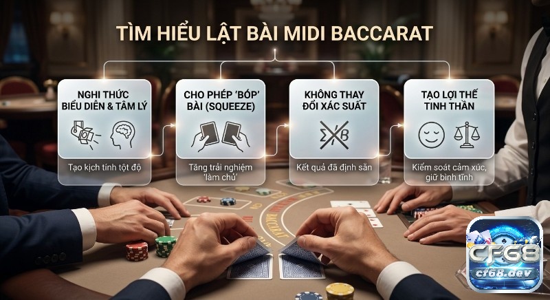 Cách lật bài trong Midi Baccarat chuẩn nhất- Tăng tỷ lệ thắng Tổng quan các đặc điểm của cách lật bài trong Midi Baccarat: Nâng tầm trải nghiệm, tạo kịch tính và lợi thế tinh thần, không thay đổi xác suất