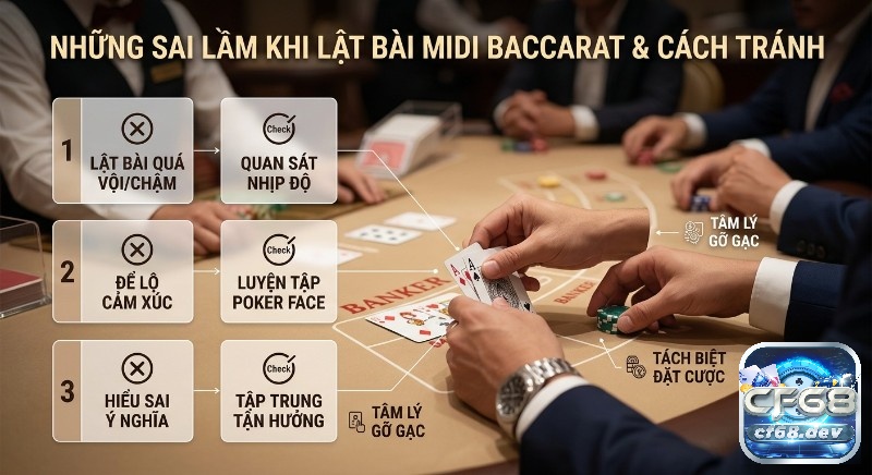Cách lật bài trong Midi Baccarat chuẩn nhất- Tăng tỷ lệ thắng Tổng hợp 3 sai lầm khi lật bài Midi Baccarat, cùng giải pháp kiểm soát cảm xúc, nhịp độ và tâm lý đặt cược