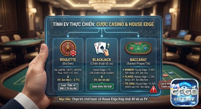 Cách tính EV mỗi loại cược: Công thức chuẩn, tối ưu lợi nhuận Bảng so sánh EV thực chiến và House Edge của Roulette, Blackjack, Baccarat giúp người chơi hiểu rõ cách tính EV mỗi loại cược trong casino