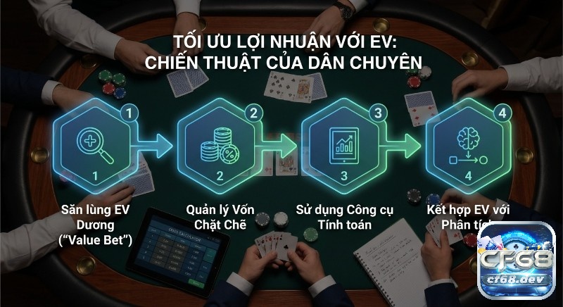 Cách tính EV mỗi loại cược: Công thức chuẩn, tối ưu lợi nhuận Tổng quan chiến lược 4 bước tối ưu lợi nhuận bằng EV, tập trung săn value bet, quản lý vốn và phân tích chuyên sâu
