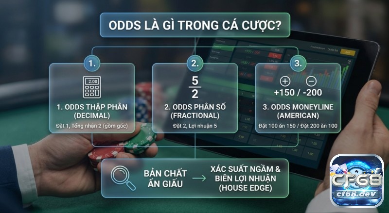 Cách tính xác suất từ odds: Công thức chuẩn cho mọi loại tỷ lệ Sơ đồ giải thích Odds trong cá cược, phân biệt 3 loại: thập phân, phân số, Moneyline cùng bản chất xác suất và biên lợi nhuận trong cách tính xác suất từ odds