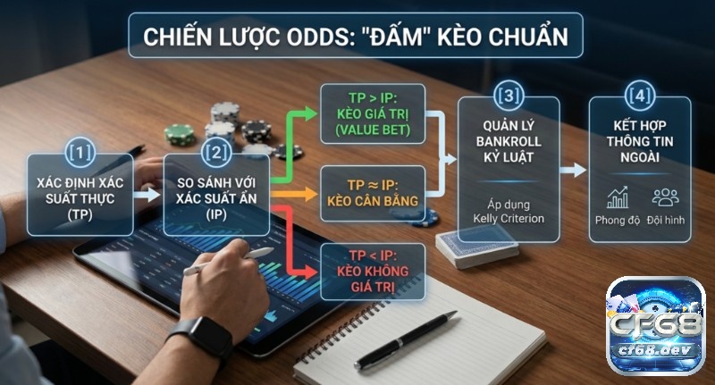 Cách tính xác suất từ odds: Công thức chuẩn cho mọi loại tỷ lệ Quy trình 4 bước chiến lược odds để đấm kèo chuẩn bằng cách so sánh xác suất thực và ẩn, quản lý bankroll hiệu quả với Kelly Criterion