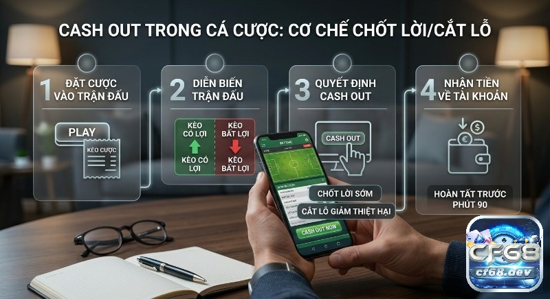 Cash Out là gì trong cá cược? Giải đáp nhanh, mẹo chốt lời Quy trình 4 bước Cash out là gì trong cá cược: từ đặt cược đến chốt lời sớm hoặc cắt lỗ giảm thiểu thiệt hại trước phút 90