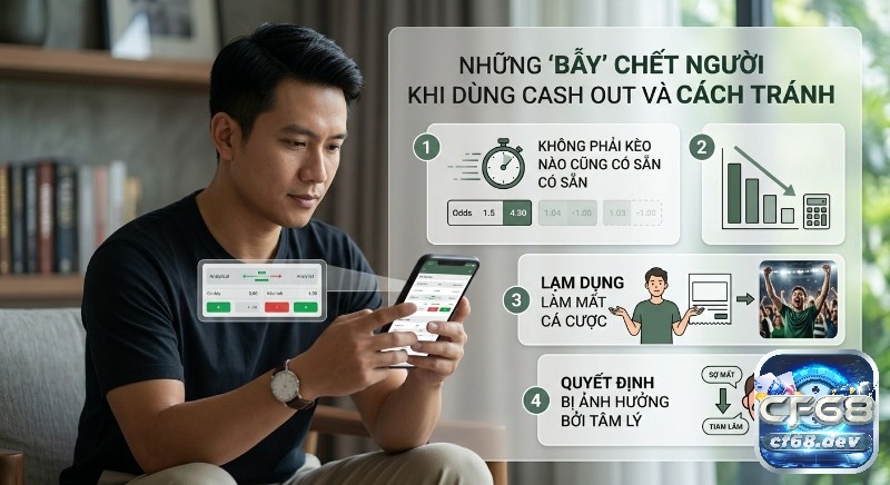 Cash Out là gì trong cá cược? Giải đáp nhanh, mẹo chốt lời Tổng hợp 4 bẫy phổ biến khi dùng, Cash out là gì trong cá cược, cảnh báo về sự khả dụng, giá trị, lạm dụng và tâm lý