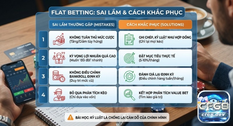 Chiến lược Flat Betting là gì? Hướng dẫn quản lý vốn an toàn Bảng tổng hợp 4 sai lầm và cách khắc phục khi áp dụng Flat Betting, giúp người chơi rèn kỷ luật và đặt mục tiêu lợi nhuận thực tế