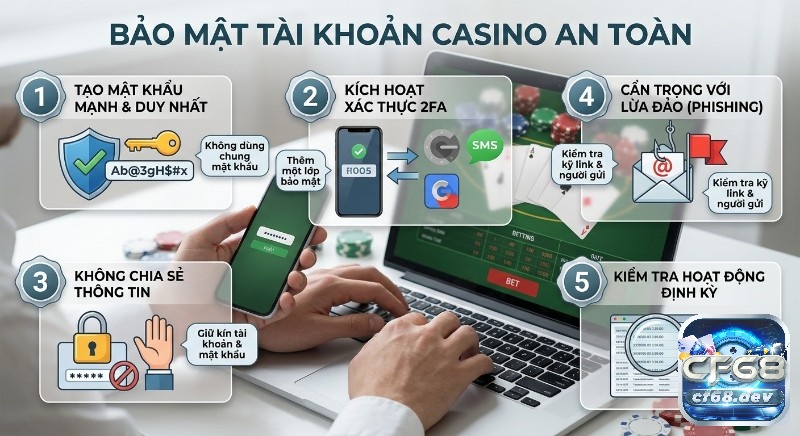 Đăng ký tài khoản casino gồm gì? Hướng dẫn chi tiết Danh sách kiểm tra 5 bước bảo mật tài khoản casino an toàn: tạo mật khẩu mạnh, kích hoạt 2FA và cảnh giác lừa đảo