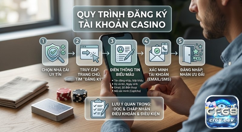 Đăng ký tài khoản casino gồm gì? Hướng dẫn chi tiết Quy trình 5 bước, đăng ký tài khoản casino gồm gì: chọn nhà cái, điền thông tin, xác minh và chấp nhận điều khoản