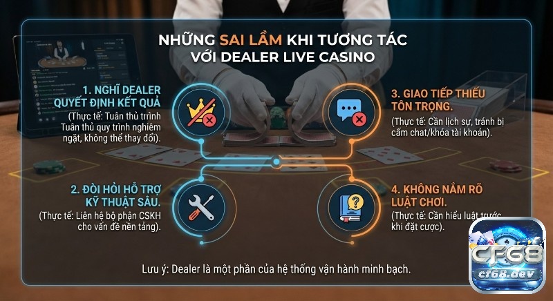 Dealer là gì? Tìm hiểu vai trò trong sòng bài trực tuyến uy tín Tổng hợp những sai lầm khi tương tác với Dealer Live Casino, giúp người chơi tránh hiểu sai về kết quả, hỗ trợ, giao tiếp và luật chơi