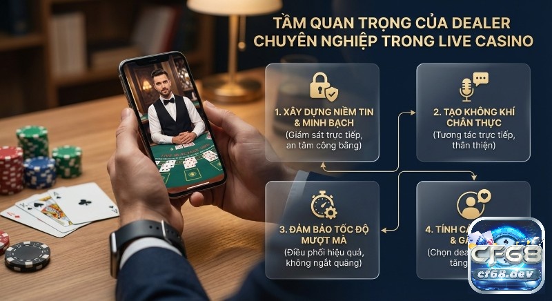 Dealer là gì? Tìm hiểu vai trò trong sòng bài trực tuyến uy tín Sơ đồ 4 vai trò của Dealer là gì chuyên nghiệp trong Live Casino: tạo niềm tin, không khí chân thực, tốc độ mượt mà và cá nhân hóa
