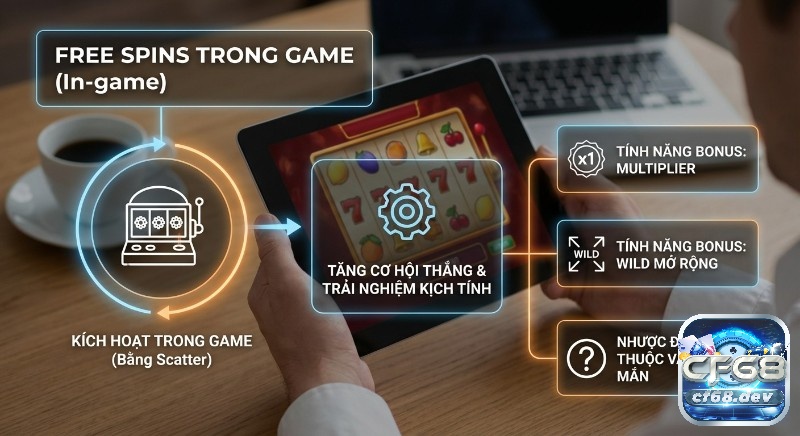 Free Spins là gì? Giải thích từ A-Z vòng quay miễn phí Sơ đồ tổng quan Free spins là gì trong game: kích hoạt bằng Scatter, ưu điểm tăng cơ hội thắng kèm bonus, nhược điểm phụ thuộc may mắn