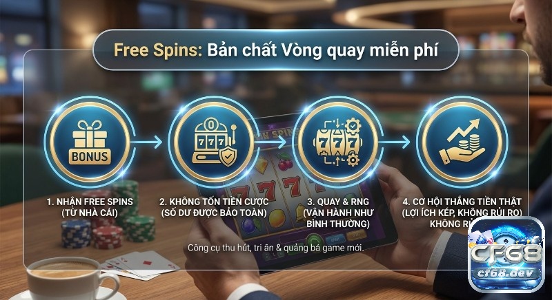Free Spins là gì? Giải thích từ A-Z vòng quay miễn phí Quy trình 4 bước về bản chất Free Spins là gì: cách nhận vòng quay, không tốn cược và cơ hội thắng tiền thật không rủi ro
