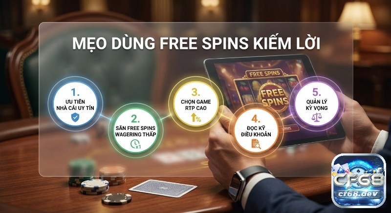 Free Spins là gì? Giải thích từ A-Z vòng quay miễn phí Checklist 5 mẹo dùng Free spins kiếm lời: ưu tiên nhà cái uy tín, săn ưu đãi wagering thấp và chọn game RTP cao