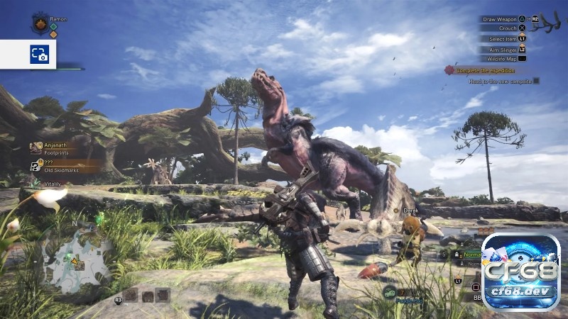 Game Monster Hunter: World - Bom tấn thợ săn quái vật Thợ săn áp sát mục tiêu trong rừng, nhấn mạnh khoảnh khắc chốt hạ sau khi truy vết trong game Monster Hunter: World