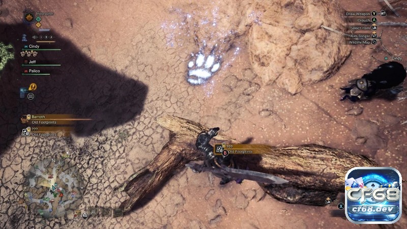 Game Monster Hunter: World - Bom tấn thợ săn quái vật Nhân vật soi dấu chân và mảnh vụn trên đất, mô tả bước điều tra trước khi giao tranh