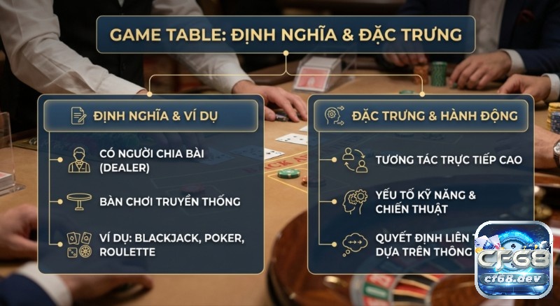 Game table vs slot khác gì? So sánh kỹ năng & Cơ hội thắng Tổng quan định nghĩa và đặc trưng của game table, bao gồm vai trò dealer, tương tác, kỹ năng, chiến thuật và ví dụ cụ thể trong game table vs slot khác gì
