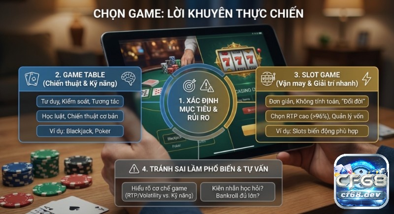 Game table vs slot khác gì? So sánh kỹ năng & Cơ hội thắng Bảng so sánh chi tiết hướng dẫn chọn game table (chiến thuật) hay slot game (may mắn), phân tích mục tiêu, rủi ro, RTP và cách tránh sai lầm