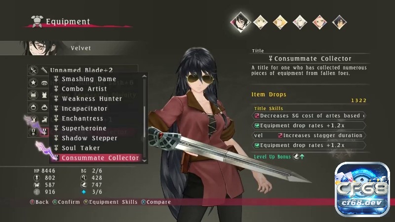 Game Tales of Berseria: Hành trình phục hận đẫm máu Menu trang bị mở kỹ năng và chỉ số, nhưng chỉ thật sự thú vị khi bạn tự tạo áp lực độ khó