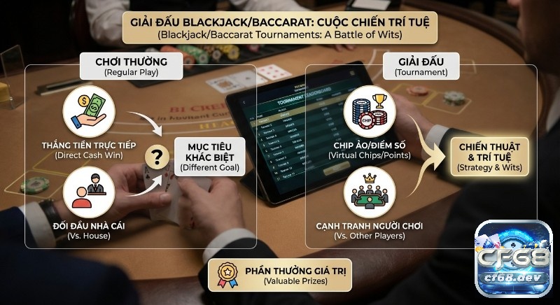 Giải Đấu Blackjack/Baccarat: Chinh phục ngay cơ hội thắng lớn Sơ đồ so sánh giữa giải đấu Blackjack/Baccarat và hình thức chơi thông thường, làm nổi bật mục tiêu, chiến thuật và giá trị phần thưởng