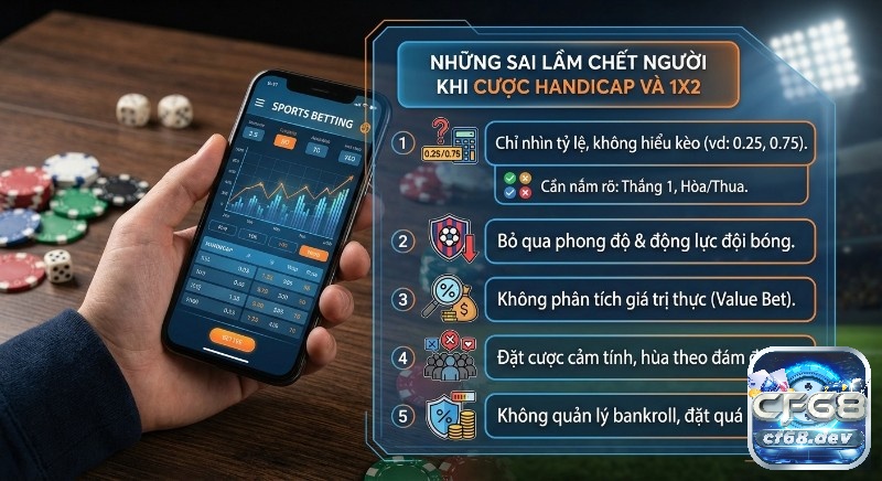 Handicap châu Á so với 1X2: Bí quyết cược thắng mọi trận đấu Checklist 5 sai lầm chết người khi cược handicap châu Á so với 1X2, nhấn mạnh việc hiểu kèo chấp 0.25, 0.75 và quản lý bankroll