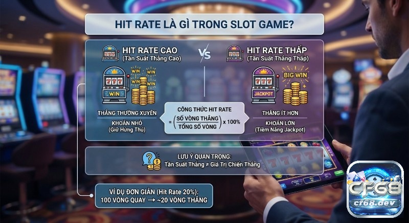 Hit rate là gì trong slot? Cách tối ưu chiến thắng hiệu quả Bảng so sánh Hit Rate cao và thấp trong slot game, giúp hiểu tần suất thắng không đồng nghĩa với giá trị chiến thắng và công thức tính