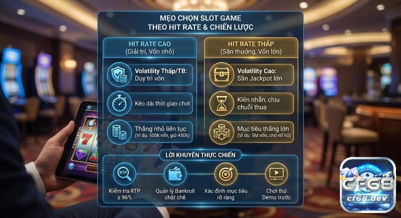 Hit rate là gì trong slot? Cách tối ưu chiến thắng hiệu quả Chiến lược lựa chọn slot game theo hit rate: vốn nhỏ/giải trí, vốn lớn/săn jackpot, cùng mẹo thực chiến RTP ≥ 96%